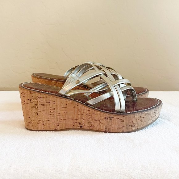 Sam Edelman Sandals 6 Reana Light Gold Strappy Cork Platform Wedge Heel Slides - Picture 4 of 11